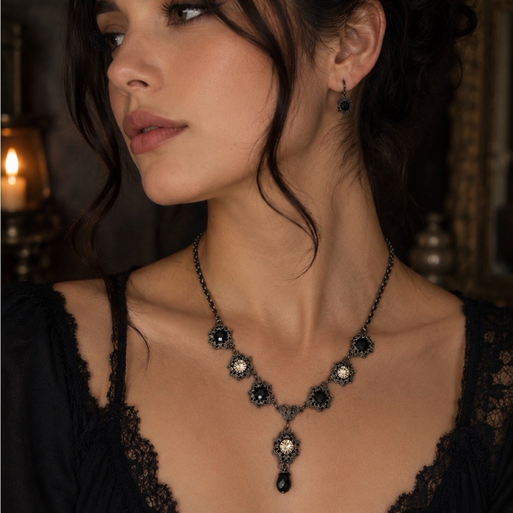 Vintage Black Rhinestone Filigree Y-Drop Necklace Gothic Victorian Revival